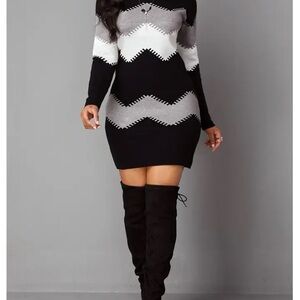 Black and Gray Chevron Crew Neck Long Sleeves Women Dress Size M